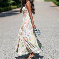 Fashion High Waist Evening Dress Lady Temperament Elegant Floral Printed Halter Dress Summer Sleeveless Slim Pleated Party Dress