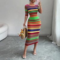 Women'S Rainbow Striped Crew Neck Sundress Short Sleeve Stretchy Knit Bodycon Maxi Dress Summer Daily Beach Vacation Party Dress