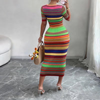 Women'S Rainbow Striped Crew Neck Sundress Short Sleeve Stretchy Knit Bodycon Maxi Dress Summer Daily Beach Vacation Party Dress