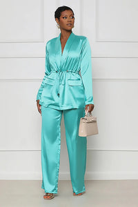 Two-Piece Silk Suit for African Women, V-Neck Lace up Shirt, Wide Leg Pants, Casual Fashion, Autumn