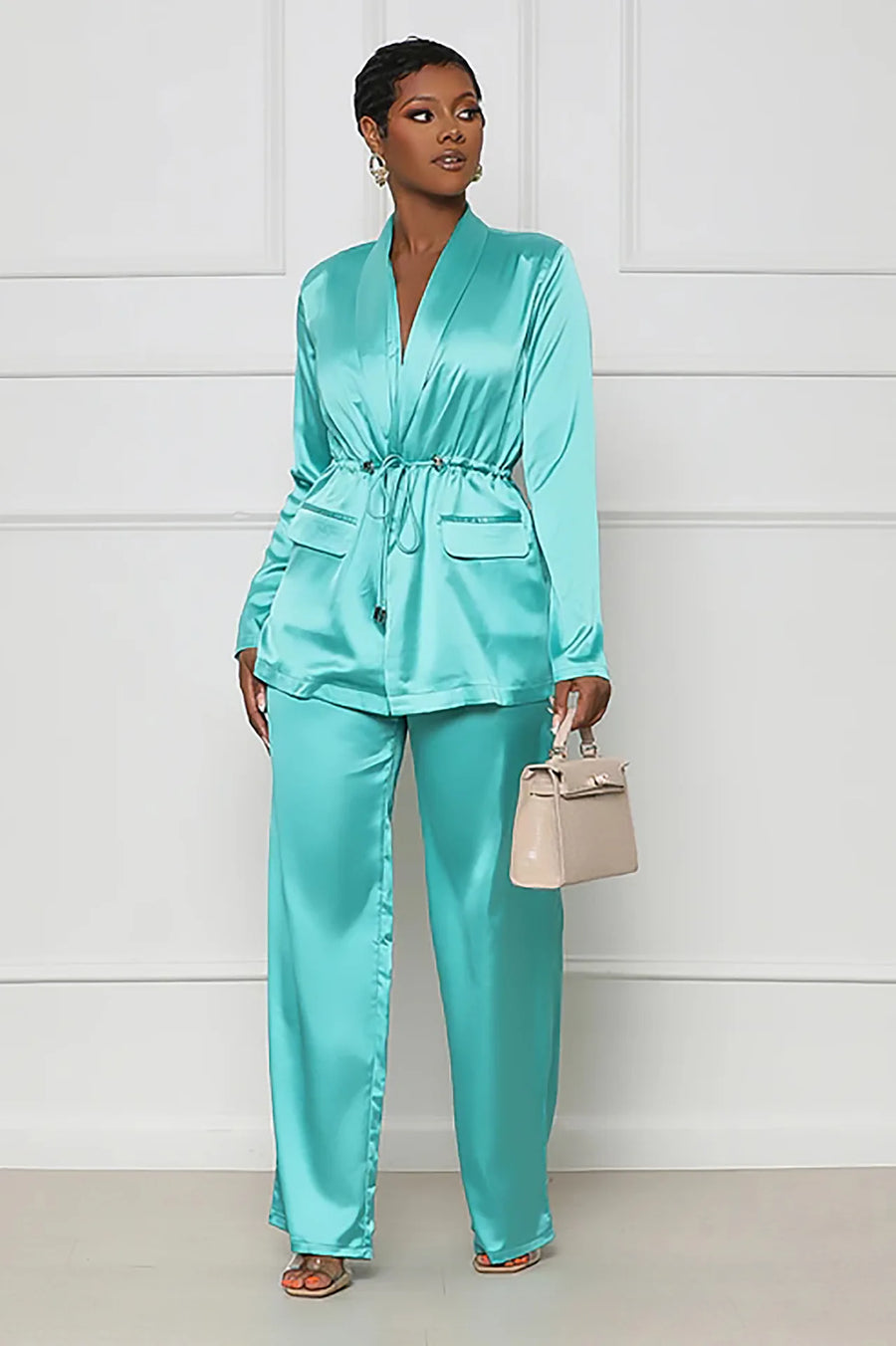 Two-Piece Silk Suit for African Women, V-Neck Lace up Shirt, Wide Leg Pants, Casual Fashion, Autumn