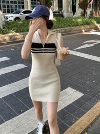 Korean Style Women Lady Dresses Knit Sleeveless Half Zipper Vestidos Sexi Slim Streetwear Stripe Party Polo Nigh Club Hip Dress