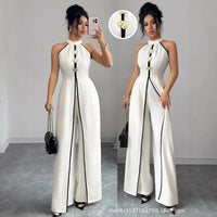 Elegant Women'S Jumpsuit Sleeveless Halter Neck Jumpsuits Wide Leg Button Front Romper Mid Waist Long Jumpsuit Maxi Solid White