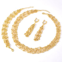 Dubai Gold Beaded Chain Necklace with Lockbone and Tassel Bead Necklace, Long Pendant Necklace, Bracelet, and Earring Set