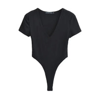 Women'S V-Neck Short Sleeve High Split Bodysuit Stretchable Slim Top Jumpsuit