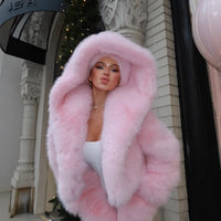 Hood Women'S Jacket Warm Plush Fur Coat Winter Pink Imitation Fur Coat Elegant Big Fur Trim Cropped Sweet Lady Faux Fur Coat