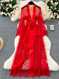 SINGREINY Elegant Sheer Caridigan Long Robes Female Lace up Solid Long Sleeve Robes Fashion Women Transparent Lace Sensual Robes
