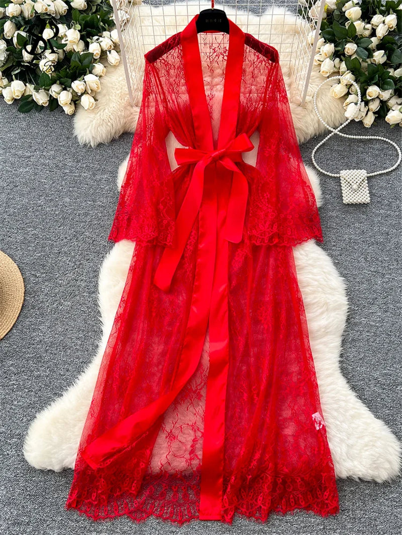 SINGREINY Elegant Sheer Caridigan Long Robes Female Lace up Solid Long Sleeve Robes Fashion Women Transparent Lace Sensual Robes