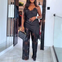 Sexy Lace Spliced Satin Sleeveless Tops Pants Matching Sets Fashion Solid Color Slim Two Piece Sets Elegant Lady Hollow Out Sets