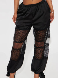 Summer Women Fairycore Grunge Casual Pants with Pockets Sheer Lace Patchwork Elastic Waist Lantern Trousers