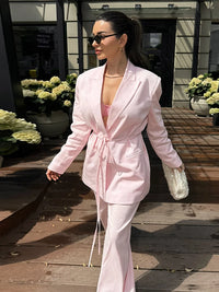 Pink Drawstring Waisted Two Piece Set Structured Shoulder Lapel Collar Jacket Wide Leg Pants 2026 Autumn Commute Fashion Outfits