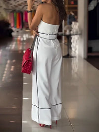 Women'S Chic Sleeveless Jumpsuit with Adjustable Waist Tie - White Wide-Leg Pants, Perfect for Spring/Summer/Fall