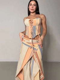 Sexy Women'S Sling Set Hollow Out Lace up Corset Wide Leg Pants Female Stripe Sets 2026 Summer High Street New Fashion Lady Suit