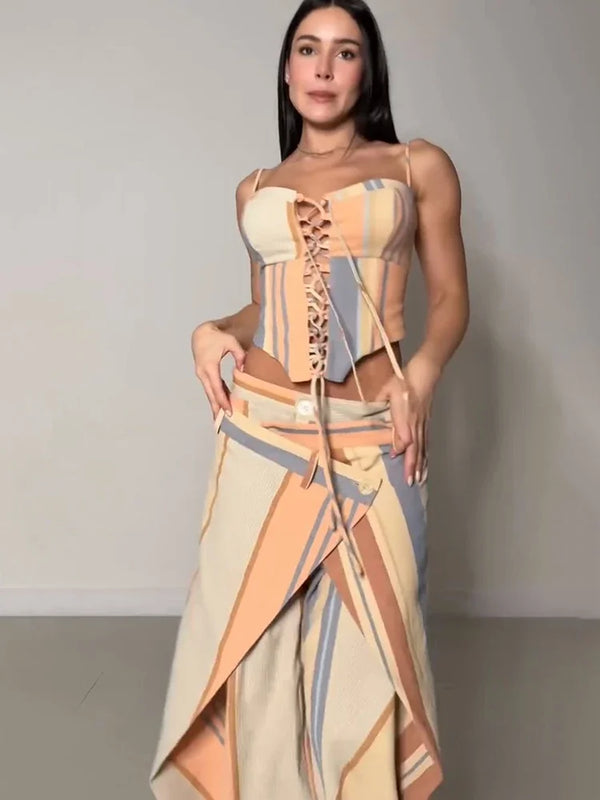 Sexy Women'S Sling Set Hollow Out Lace up Corset Wide Leg Pants Female Stripe Sets 2026 Summer High Street New Fashion Lady Suit
