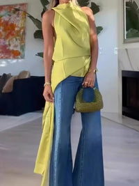 Halter Lace-Up Fashion Chic Blouse, Women Summer Sleeveless Elegant Irregular Top, 2026 Solid Patchwork Backless Ladies Shirts