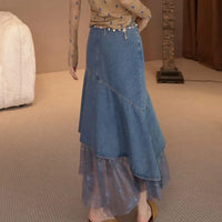 LOUISYAO Vintage Sweet Denim Skirt 2026 Summer High Waist Lace Mesh Patchwork Asymmetric Slim Long Skirt
