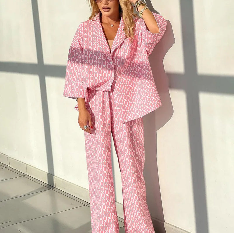 Casual Pink Print Sets Womens 2 Piece Fashion Loose Three Quarter Sleeve Pockets Shirts and Straight Trousers Female Sets