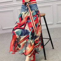 Fashion Casual Denim Patchwork Chiffon Skirt 2025 Summer New Office Lady Commute All-Match Printed A-Line High Waist Midi Skirts