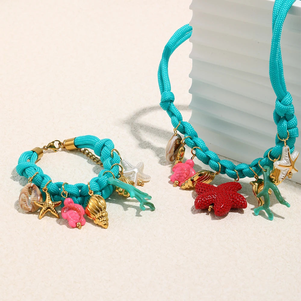 316L Stainless Steel Ocean Series Resin Braided Rope Bracelet Necklace 18K Gold Plated Waterproof Jewelry Set Gifts