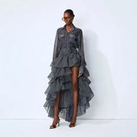 Casual Stripe Shirt Long Sleeve High Waist Tulle Hem Midi Skirt Set Women'S Fashion Holiday Style Two-Piece Suit Elegant Classy