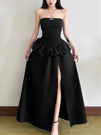 Strapless Hepburn Style Elegant All Black Long Evening Party Dress New Summer Slash Neck Fake 2 Pieces High Split Cocktail Dress