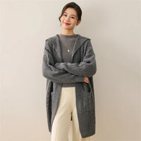 New Women 100% Merino Wool Knitted Solid Color Hodded Long with Two Pockets Cardigan Thick Comfortable Top Warm Soft Clothing