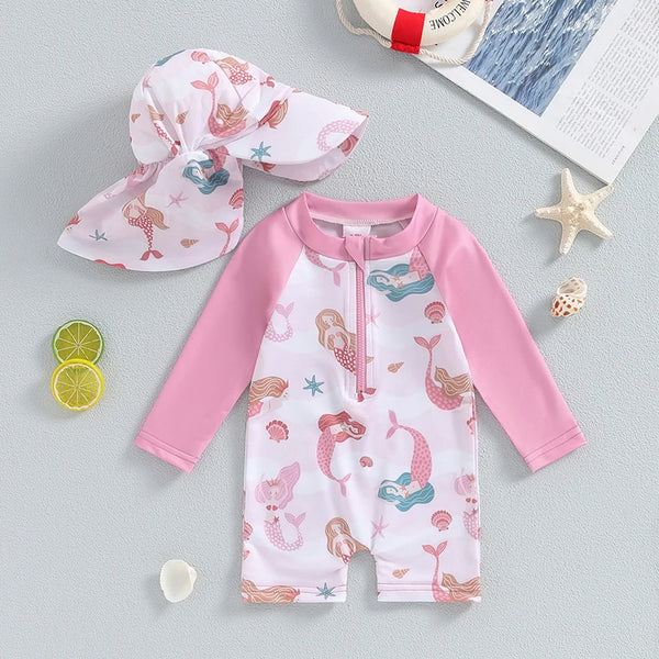 Baby Girls Bathing Suit Sea Shell Print Long Sleeve Rash Guard Swimsuit Wide Brim Sun Hat Infant Toddler Beachwear