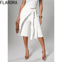 Fashion Irregular Overlay Patchwork Knee Length Pants Woman Solid Bandage Wide Leg Pants Office Lady Matching Bottoms