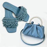 Women'S Summer New Fashion Pearl Slippers plus Size Non-Slip Beach Sandals with Design Pearl Inlaid Fashion Messenger Bag Set.