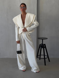 Laur 2026 Oversized Double Layer Lapel Cropped Blazer Two Piece Set High Waist Wide Leg Trousers Elegant Formal Matching Outfit