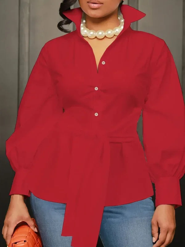 Plus Size 1XL-5XL Fashion Women‘S Solid Color Lapel Collar Blouse Ladies Casual Elegant Chic Top Long Sleeves Shirt