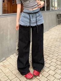 American Retro Contrasting Color Splicing High Waist and Wide Leg Jeans for Women 2026 Autumn New 05E02789