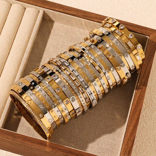 Exquisite PVD 18K Gold Plated High Quality Polished Stainless Steel anti Tarnish Bangles Luxury Zircon Bracelet for Women Daily