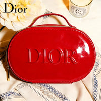 ’S Bag Luxury Glossy Bright Red Oval Handheld Makeup Organizer Pouch Patent Leather Embossed Logo Waterproof Travel Cos