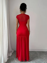 Elegant Red Long Sleeveless Women'S Dress Fashionable Knitted Polyester Gown with Pleats Hollow Out Design and Boat Neck
