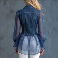 Denim and Mesh Patchwork Blouse with Waist-Cinching Ruffled Hem; Lapel-Collar, Double-Pocket, Puff-Sleeve Denim Shirt
