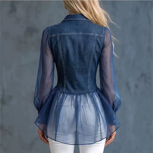 Denim and Mesh Patchwork Blouse with Waist-Cinching Ruffled Hem; Lapel-Collar, Double-Pocket, Puff-Sleeve Denim Shirt