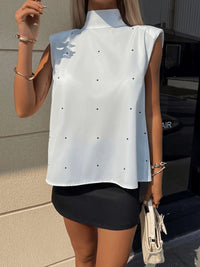 Women'S White Satin Sleeveless Blouse - Turtleneck Tiny Polka Dot Open Back Long Tie Backless Top