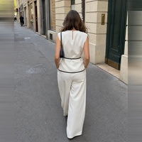 Women Matching Sets Summer Tie Waist Wide Leg Pants Suit Sleeveless Wrap Blazer Top Loose Straight Long Trousers Cozy Outfit