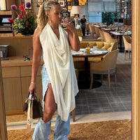 Solid Chiffon Shirts & Blouses Woman Tops Y2K Halter V-Neck Sleeveless Backless Lace-Up Club Party Blusas De Mujeres