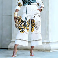 Women'S 2-Piece Floral Letter Print Outfit, Long Sleeve Button-Down Shirt & High Waist Wide Leg Pants, Elegant Casual Co-Ord Set