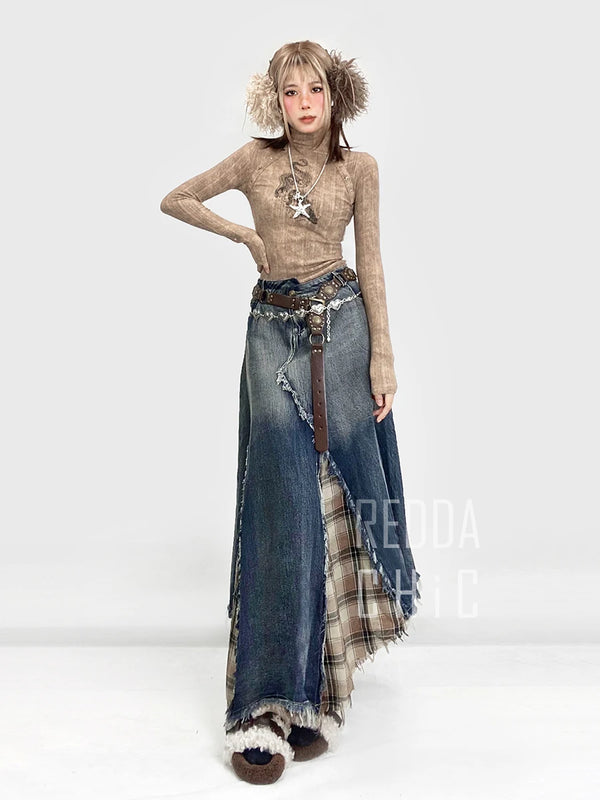 Reddachic Irregular Patchwork Plaid Denim Skirt Women Do Old Gradient Overlay Waist Maxi Long Jeans Skirt Y2K Retro Streetwear