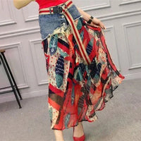 Fashion Casual Denim Patchwork Chiffon Skirt 2025 Summer New Office Lady Commute All-Match Printed A-Line High Waist Midi Skirts