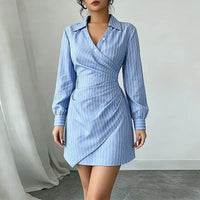 Spring Summer Women V Neck Stripe Pleated Bodycon Dress Dresses Elegant