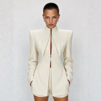 Elegant Blazer Women'S Top Shorts Suit Long Sleeve Stand Collar Solid Top Short Pants 2026 Summer Autumn Chic Female Outfits
