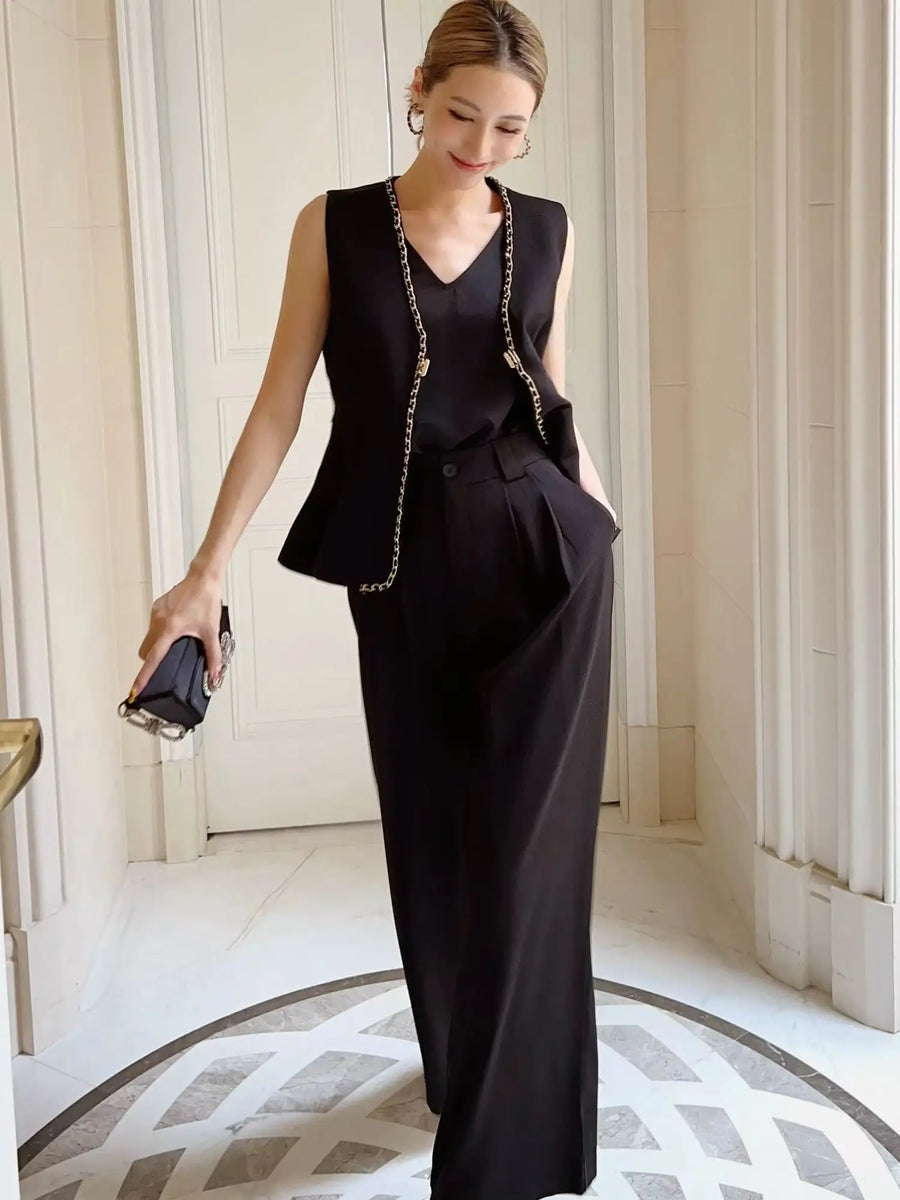 French Elegant Two Piece Set Women Scalloped Trim V Neck Peplum Blazer Vest High Waist Wide Leg Pants Matching Outfits DM3BSE024