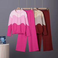 Women Knitted Pullove Two Piece Outfit Spliced Hooded Crop Top Elastic Waist Wide Leg Pants Casual Tracksuit Outfits Autumn