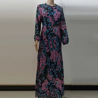 Elegant Floral Print Bohemian Long Dress Women Casual Long Sleeve Slim Pleated Evening Dress Sexy O Neck Backless Party Dresses