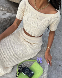 2026 Crochet Knit 2 Piece Set for Women, off Shoulder Crop Top + Hollow Out Maxi Skirt Beachwear