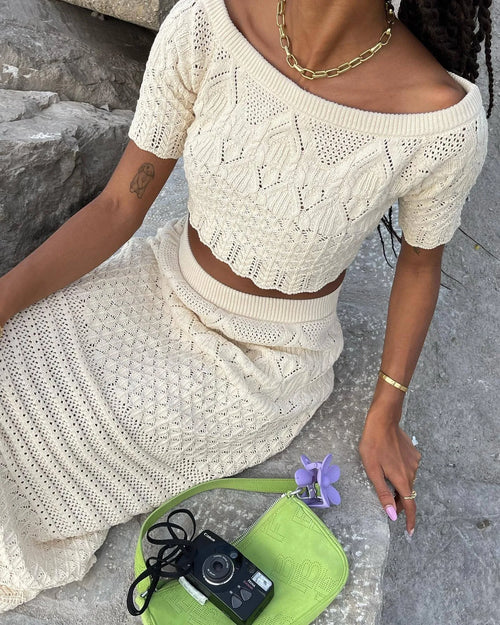 2026 Crochet Knit 2 Piece Set for Women, off Shoulder Crop Top + Hollow Out Maxi Skirt Beachwear
